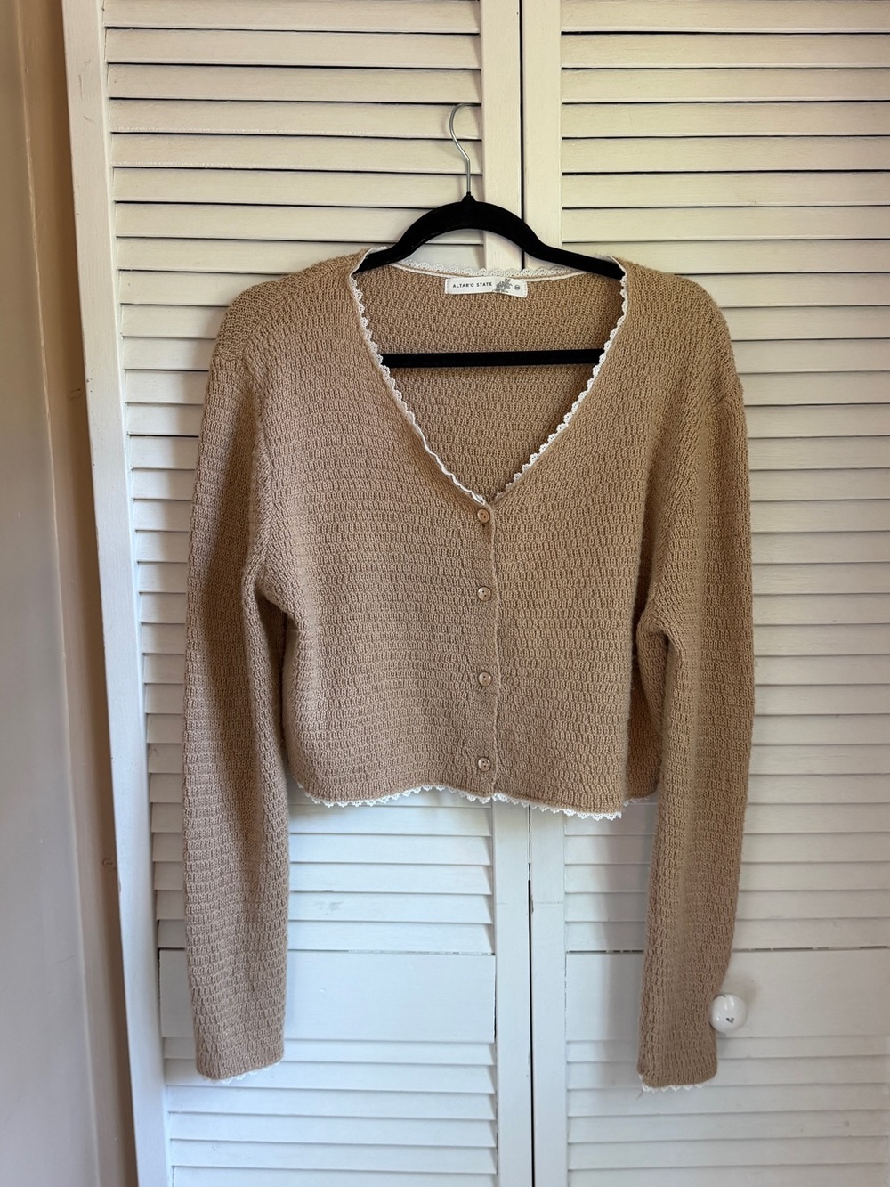 Altar’d state lace trim tan cardigan, size XS